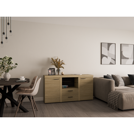 Komoda Ramon 2-drzwiowa z szufladami dąb olejowany szklana półka 156 cm